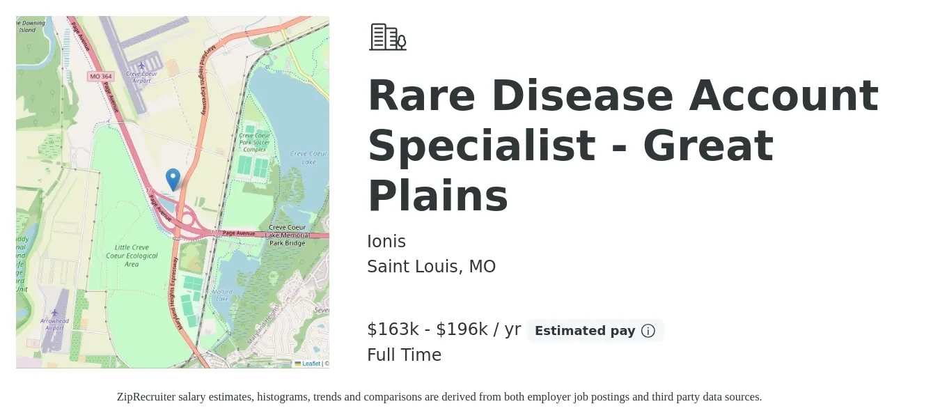 Ionis job posting for a Rare Disease Account Specialist - Great Plains in Saint Louis, MO with a salary of $163,614 to $196,267 Yearly with a map of Saint Louis location.