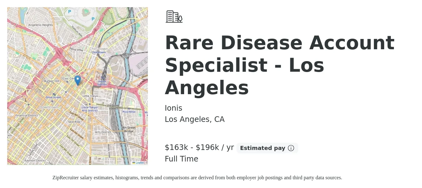Ionis job posting for a Rare Disease Account Specialist - Los Angeles in Los Angeles, CA with a salary of $163,614 to $196,267 Yearly with a map of Los Angeles location.