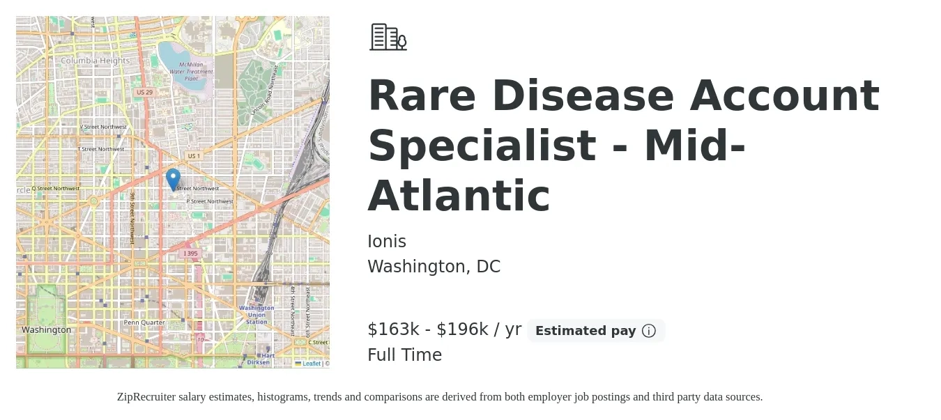 Ionis job posting for a Rare Disease Account Specialist - Mid-Atlantic in Washington, DC with a salary of $163,614 to $196,267 Yearly with a map of Washington location.
