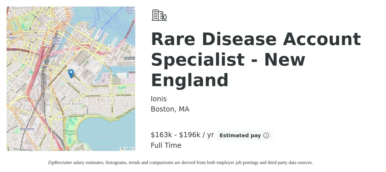Ionis job posting for a Rare Disease Account Specialist - New England in Boston, MA with a salary of $163,614 to $196,267 Yearly with a map of Boston location.