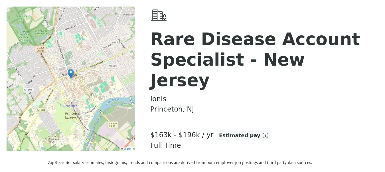 Ionis job posting for a Rare Disease Account Specialist - New Jersey in Princeton, NJ with a salary of $163,614 to $196,267 Yearly with a map of Princeton location.
