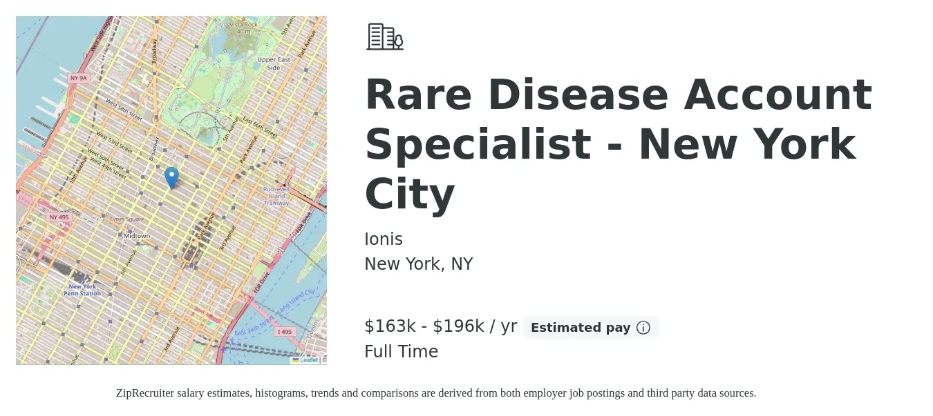 Ionis job posting for a Rare Disease Account Specialist - New York City in New York, NY with a salary of $163,614 to $196,267 Yearly with a map of New York location.
