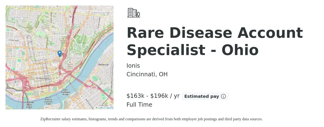 Ionis job posting for a Rare Disease Account Specialist - Ohio in Cincinnati, OH with a salary of $163,614 to $196,267 Yearly with a map of Cincinnati location.
