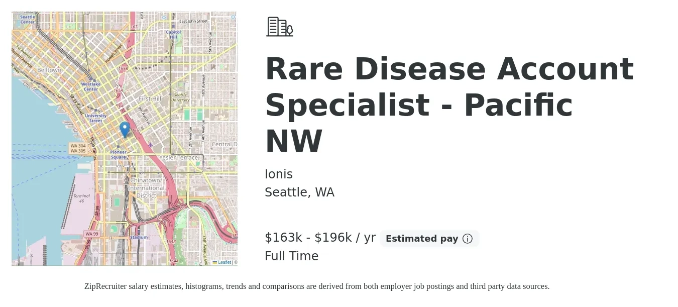 Ionis job posting for a Rare Disease Account Specialist - Pacific NW in Seattle, WA with a salary of $163,614 to $196,267 Yearly with a map of Seattle location.