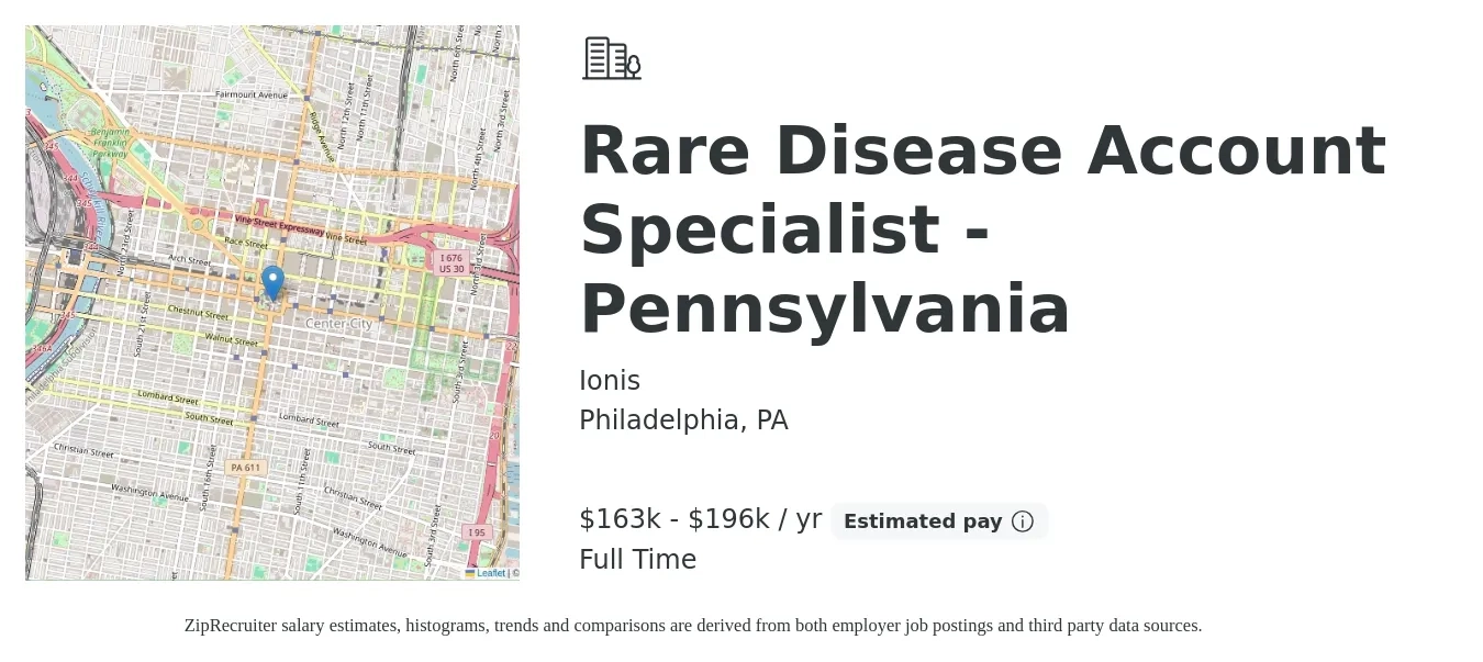 Ionis job posting for a Rare Disease Account Specialist - Pennsylvania in Philadelphia, PA with a salary of $163,614 to $196,267 Yearly with a map of Philadelphia location.