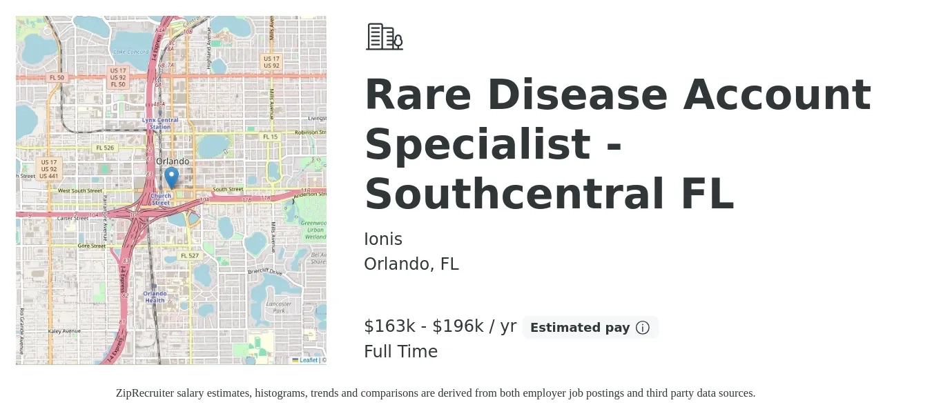 Ionis job posting for a Rare Disease Account Specialist - Southcentral FL in Orlando, FL with a salary of $163,614 to $196,267 Yearly with a map of Orlando location.