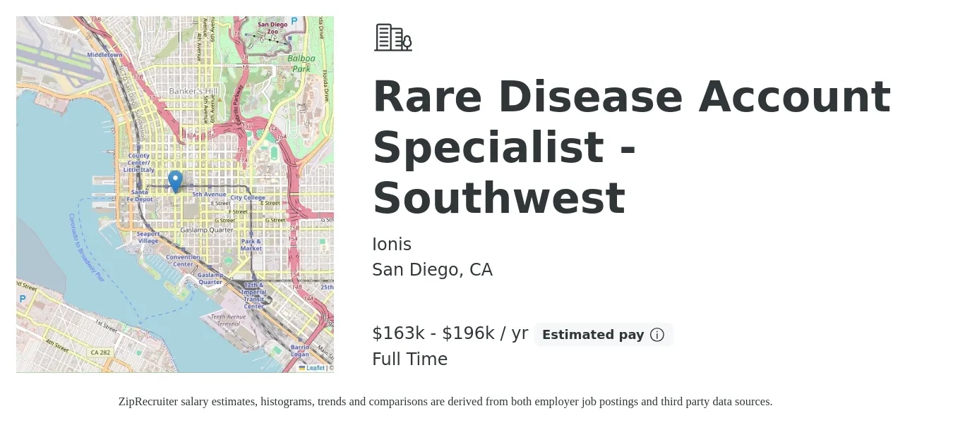 Ionis job posting for a Rare Disease Account Specialist - Southwest in San Diego, CA with a salary of $163,614 to $196,267 Yearly with a map of San Diego location.
