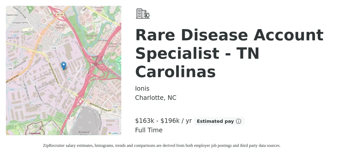 Ionis job posting for a Rare Disease Account Specialist - TN Carolinas in Charlotte, NC with a salary of $163,614 to $196,267 Yearly with a map of Charlotte location.