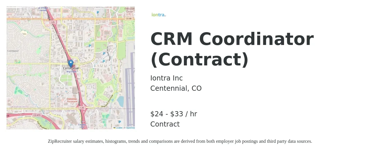 Iontra Inc job posting for a CRM Coordinator (Contract) in Centennial, CO with a salary of $25 to $35 Hourly with a map of Centennial location.