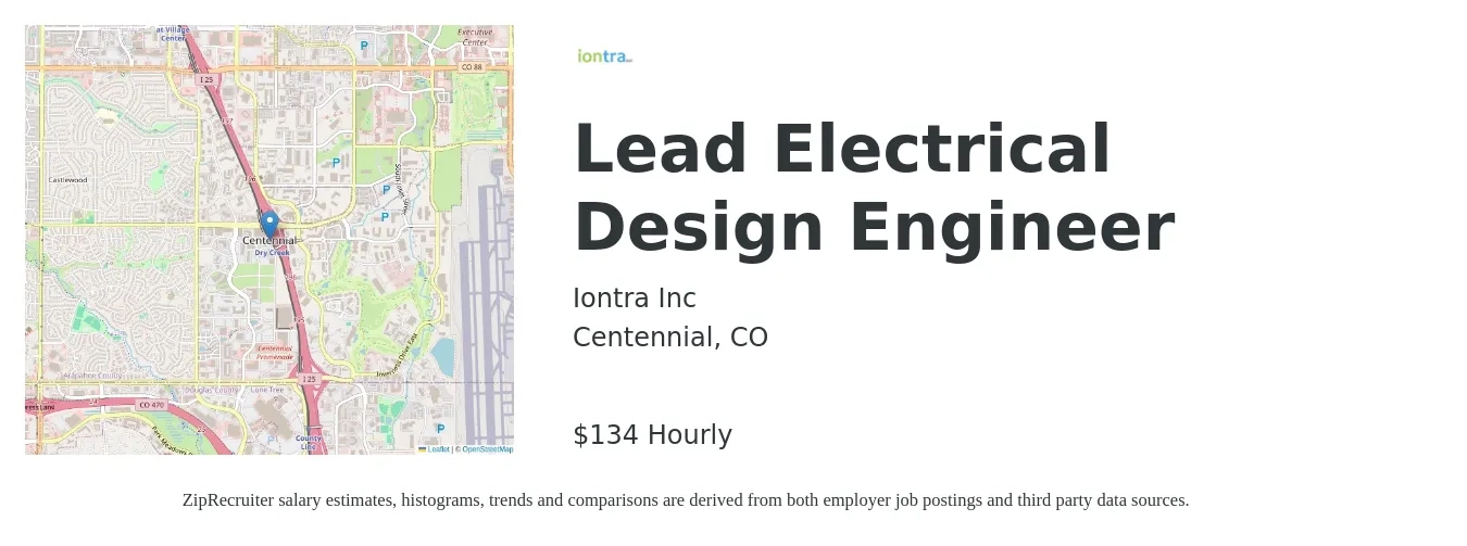 Iontra Inc job posting for a Lead Electrical Design Engineer in Centennial, CO with a salary of $140 Hourly with a map of Centennial location.