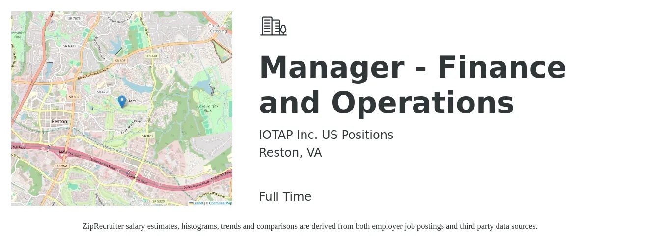 IOTAP Inc. US Positions job posting for a Manager - Finance and Operations in Reston, VA with a salary of $42,700 to $80,800 Yearly with a map of Reston location.