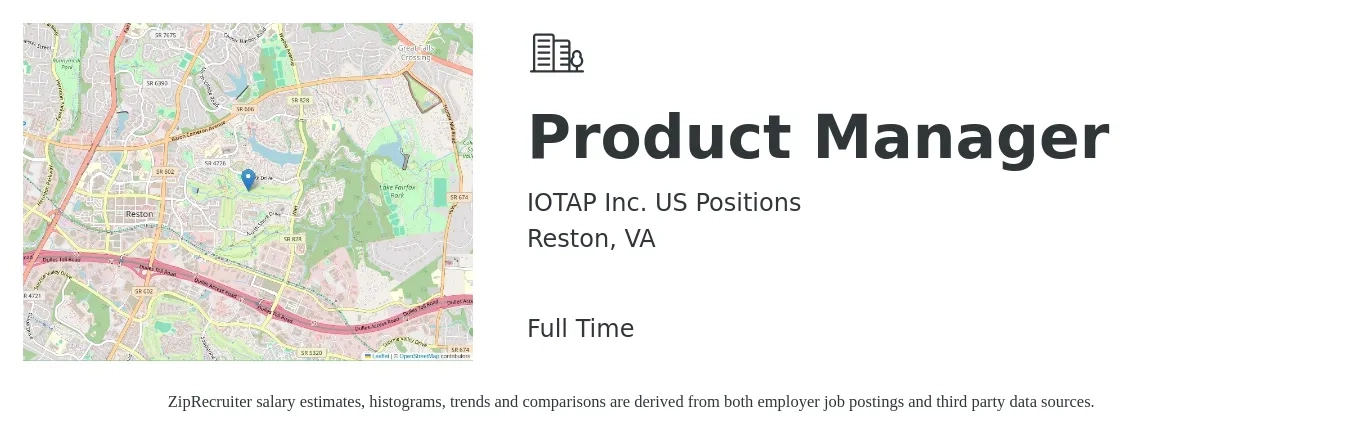 IOTAP Inc. US Positions job posting for a Product Manager in Reston, VA with a salary of $147,000 to $205,300 Yearly with a map of Reston location.