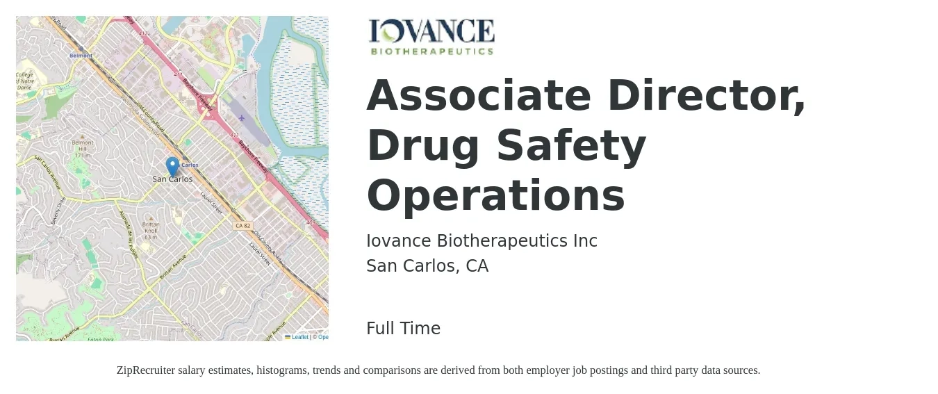 Iovance Biotherapeutics Inc job posting for a Associate Director, Drug Safety Operations in San Carlos, CA with a salary of $48 to $70 Hourly with a map of San Carlos location.