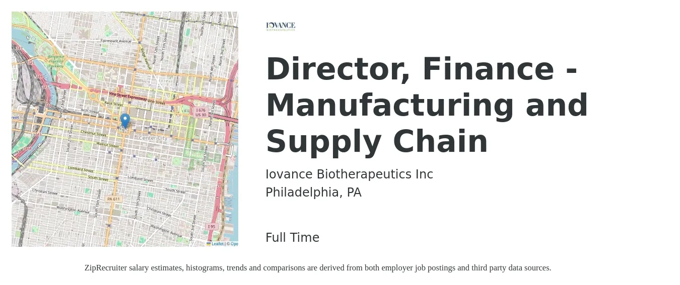 Iovance Biotherapeutics Inc job posting for a Director, Finance - Manufacturing and Supply Chain in Philadelphia, PA with a salary of $92,300 to $140,500 Yearly with a map of Philadelphia location.