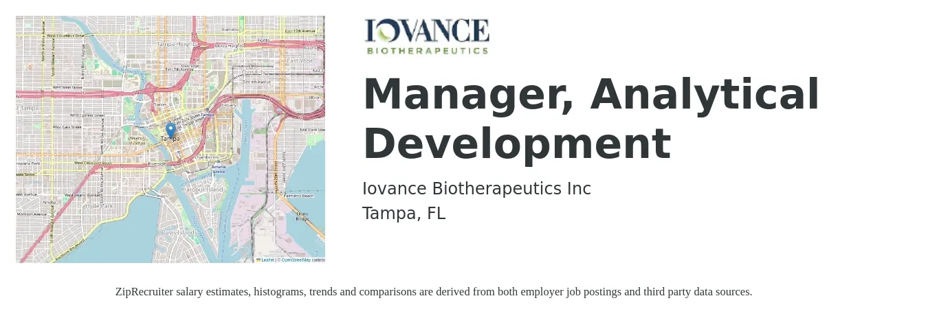 Iovance Biotherapeutics Inc job posting for a Manager, Analytical Development in Tampa, FL with a salary of $49,200 to $95,700 Yearly with a map of Tampa location.