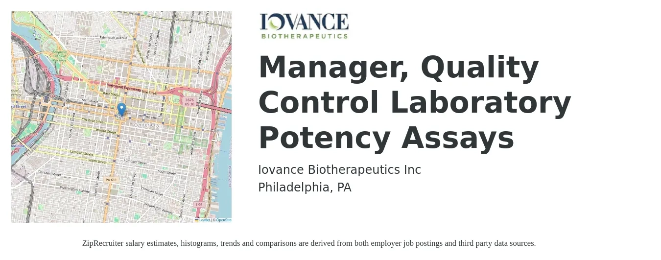 Iovance Biotherapeutics Inc job posting for a Manager, Quality Control Laboratory Potency Assays in Philadelphia, PA with a salary of $55,600 to $91,800 Yearly with a map of Philadelphia location.