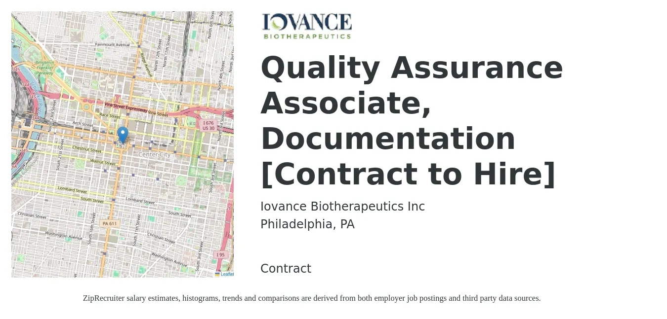 Iovance Biotherapeutics Inc job posting for a Quality Assurance Associate, Documentation [Contract to Hire] in Philadelphia, PA with a salary of $20 to $36 Hourly with a map of Philadelphia location.