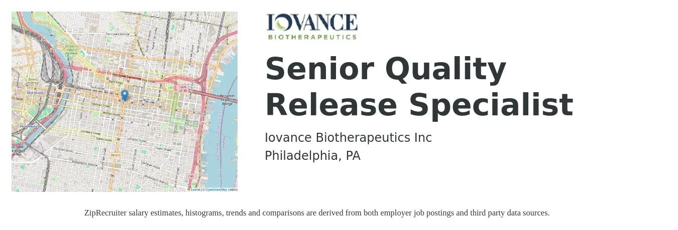 Iovance Biotherapeutics Inc job posting for a Senior Quality Release Specialist in Philadelphia, PA with a salary of $75,800 to $104,200 Yearly with a map of Philadelphia location.
