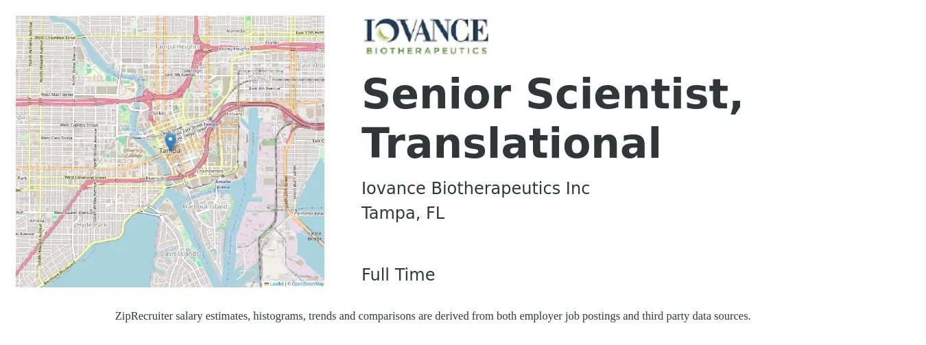 Iovance Biotherapeutics Inc job posting for a Senior Scientist, Translational in Tampa, FL with a salary of $83,400 to $114,000 Yearly with a map of Tampa location.