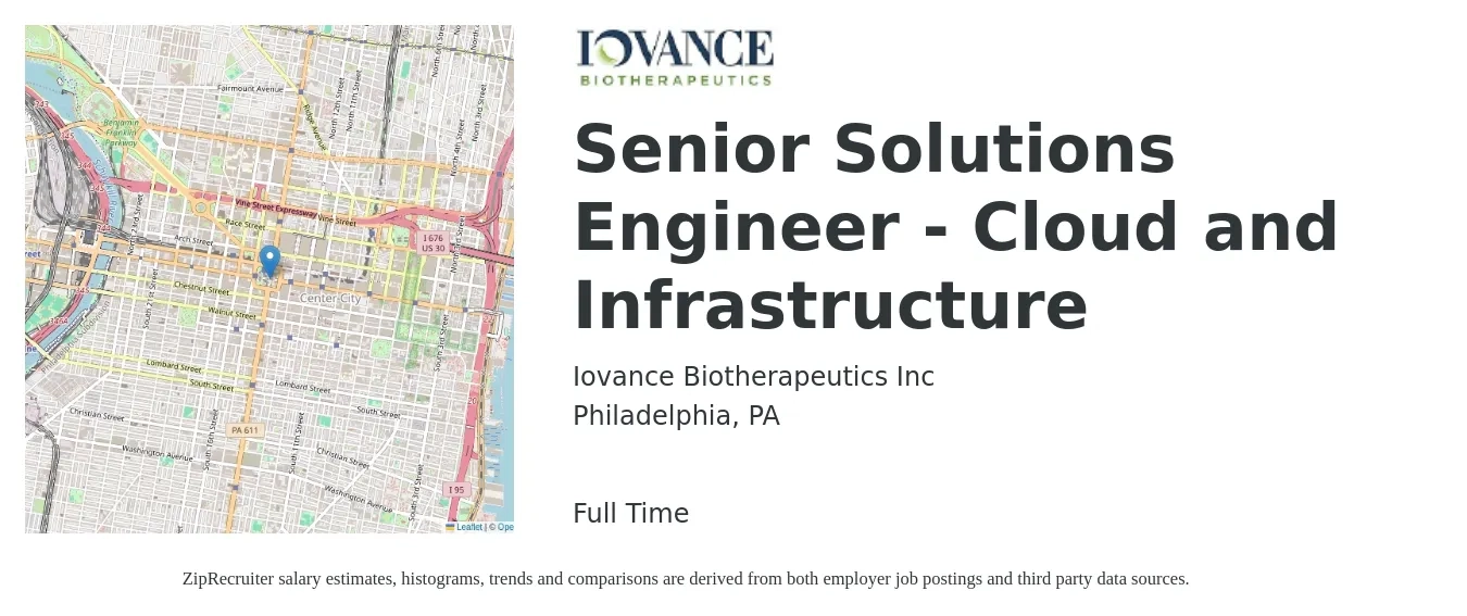 Iovance Biotherapeutics Inc job posting for a Senior Solutions Engineer - Cloud and Infrastructure in Philadelphia, PA with a salary of $99,600 to $135,400 Yearly with a map of Philadelphia location.