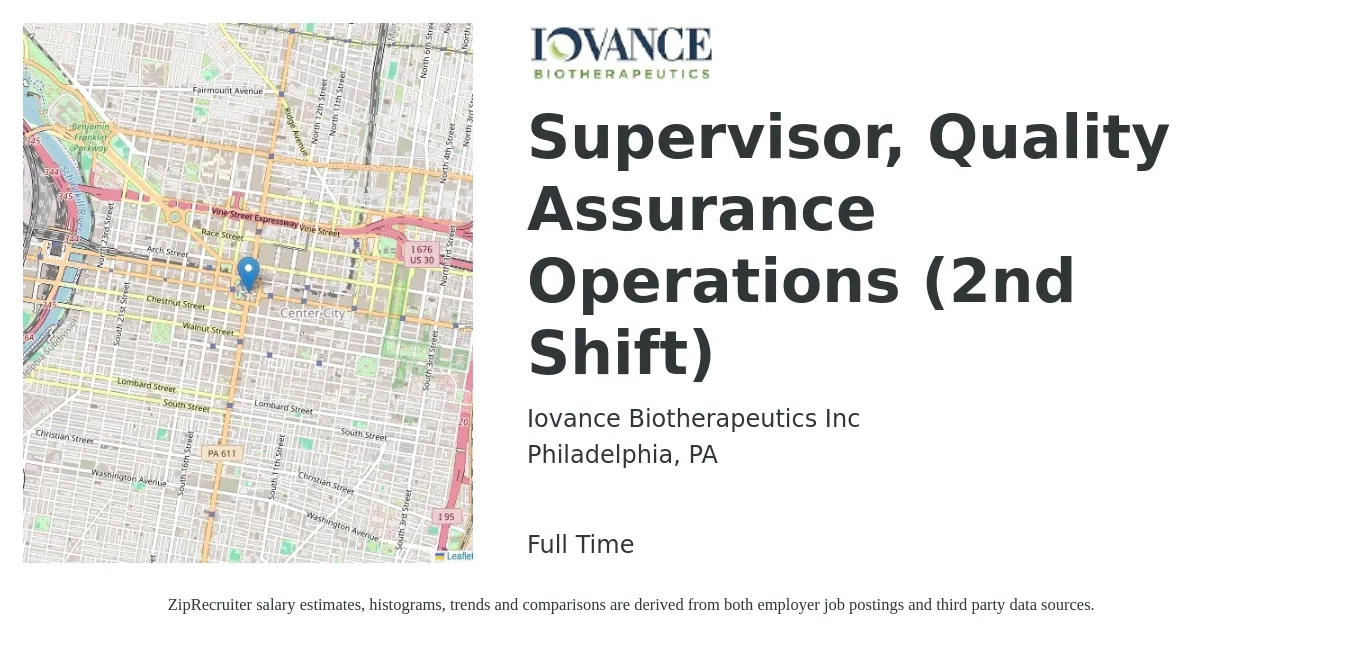 Iovance Biotherapeutics Inc job posting for a Supervisor, Quality Assurance Operations (2nd Shift) in Philadelphia, PA with a salary of $70,800 to $110,500 Yearly with a map of Philadelphia location.