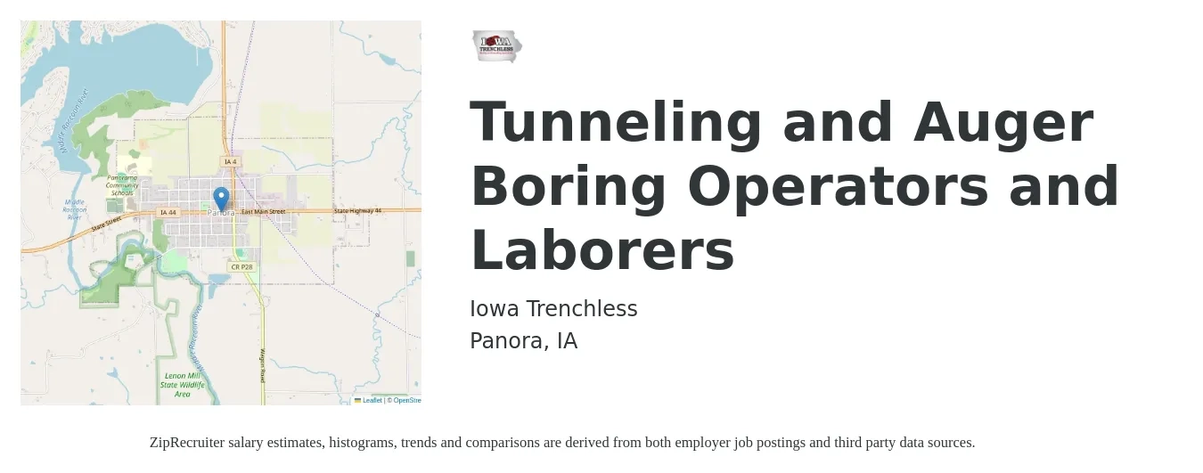 Iowa Trenchless job posting for a Tunneling and Auger Boring Operators and Laborers in Panora, IA with a map of Panora location.