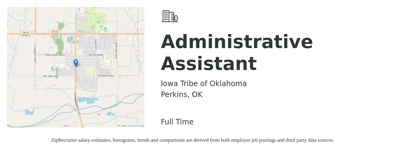 Iowa Tribe of Oklahoma job posting for a Administrative Assistant in Perkins, OK with a salary of $16 to $22 Hourly with a map of Perkins location.