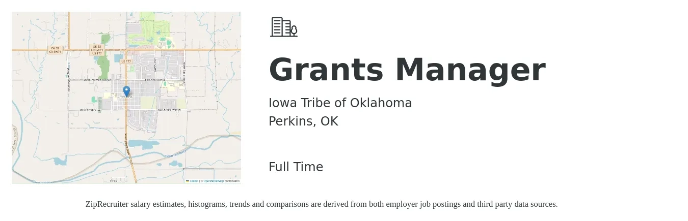 Iowa Tribe of Oklahoma job posting for a Grants Manager in Perkins, OK with a salary of $54,900 to $76,100 Yearly with a map of Perkins location.