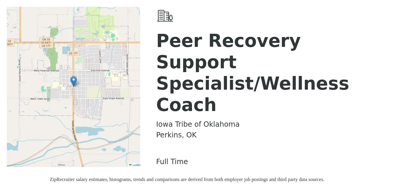Iowa Tribe of Oklahoma job posting for a Peer Recovery Support Specialist/Wellness Coach in Perkins, OK with a salary of $16 to $20 Hourly with a map of Perkins location.