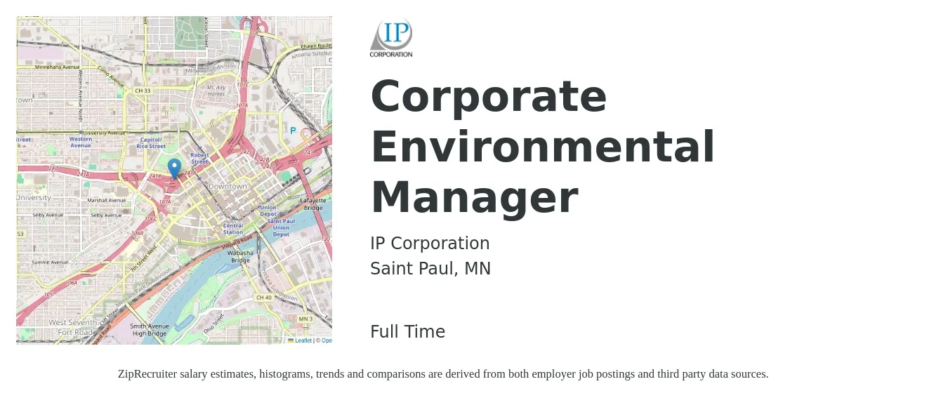 IP Corporation job posting for a Corporate Environmental Manager in Saint Paul, MN with a salary of $67,800 to $87,000 Yearly with a map of Saint Paul location.