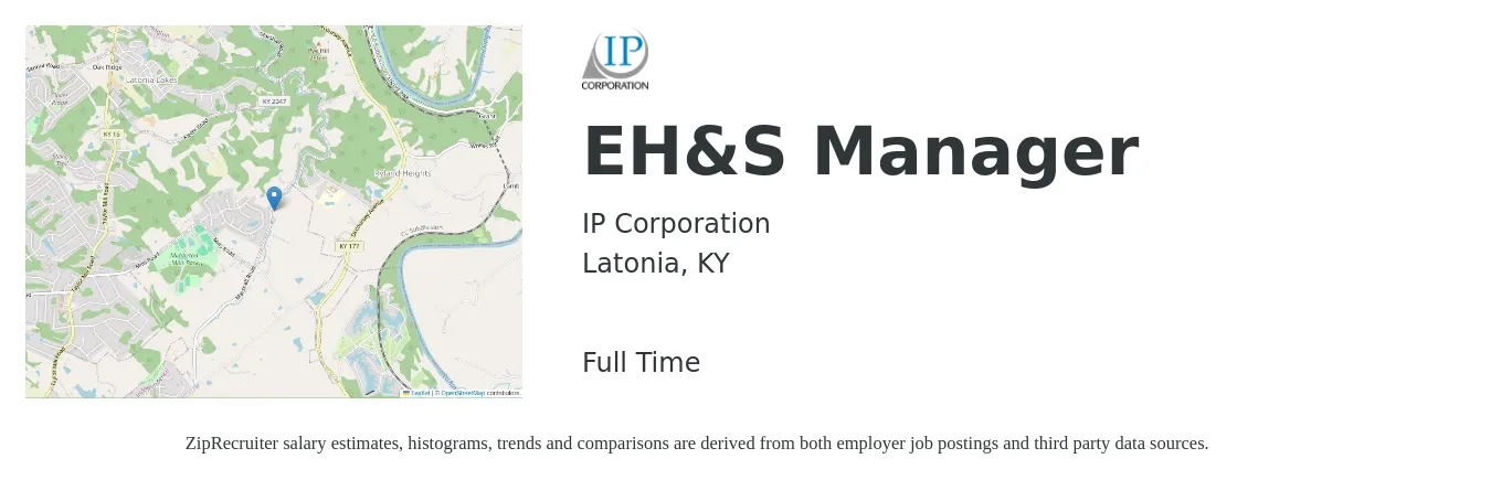 IP Corporation job posting for a EH&S Manager in Latonia, KY with a salary of $80,800 to $109,500 Yearly with a map of Latonia location.