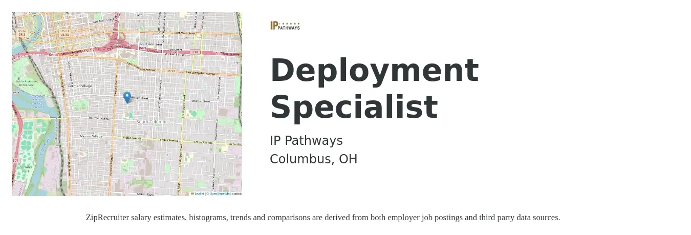 IP Pathways job posting for a Deployment Specialist in Columbus, OH with a salary of $44,600 to $65,300 Yearly with a map of Columbus location.