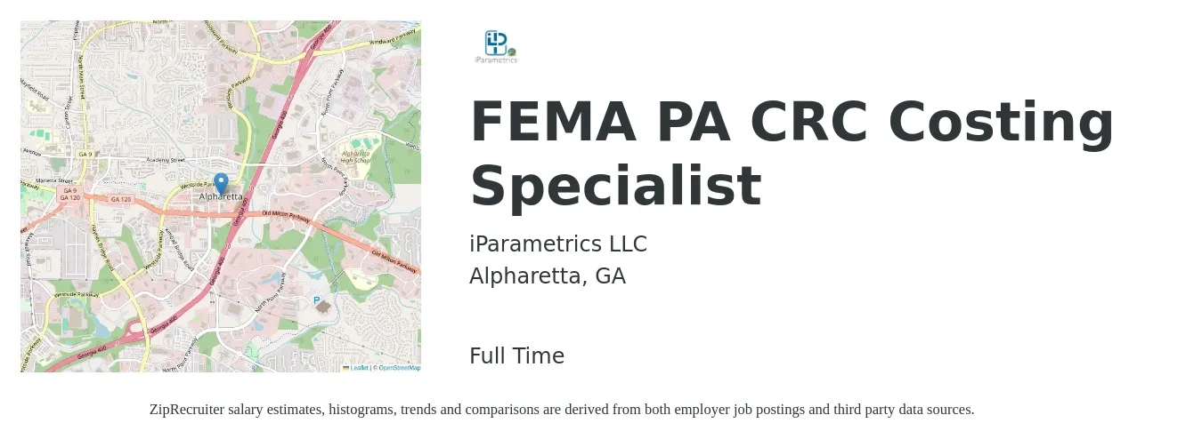 iParametrics LLC job posting for a FEMA PA CRC Costing Specialist in Alpharetta, GA with a salary of $22 to $26 Hourly with a map of Alpharetta location.