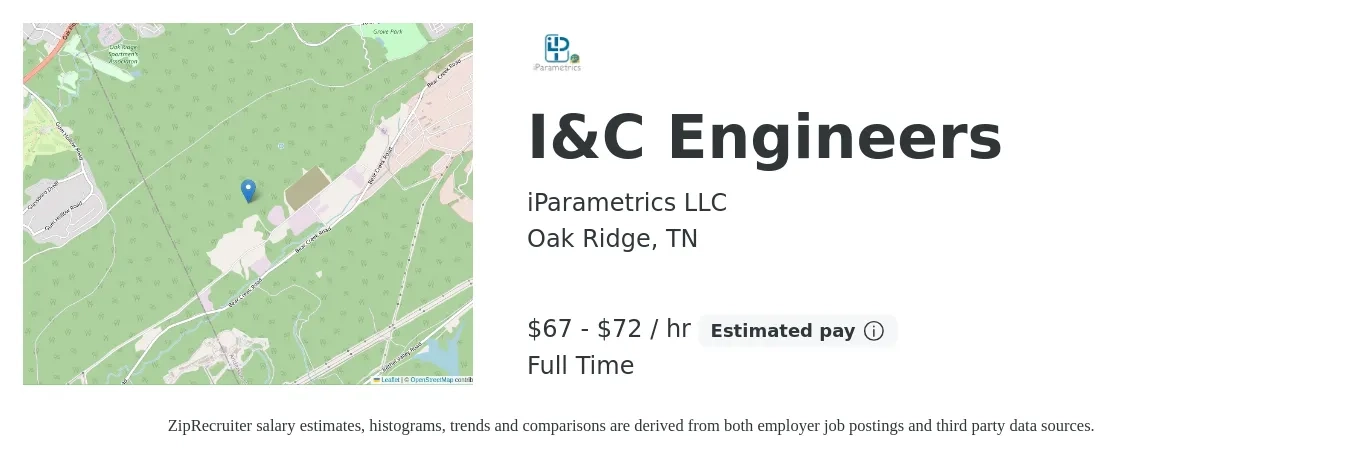 iParametrics LLC job posting for a I&C Engineers in Oak Ridge, TN with a salary of $70 to $75 Hourly with a map of Oak Ridge location.