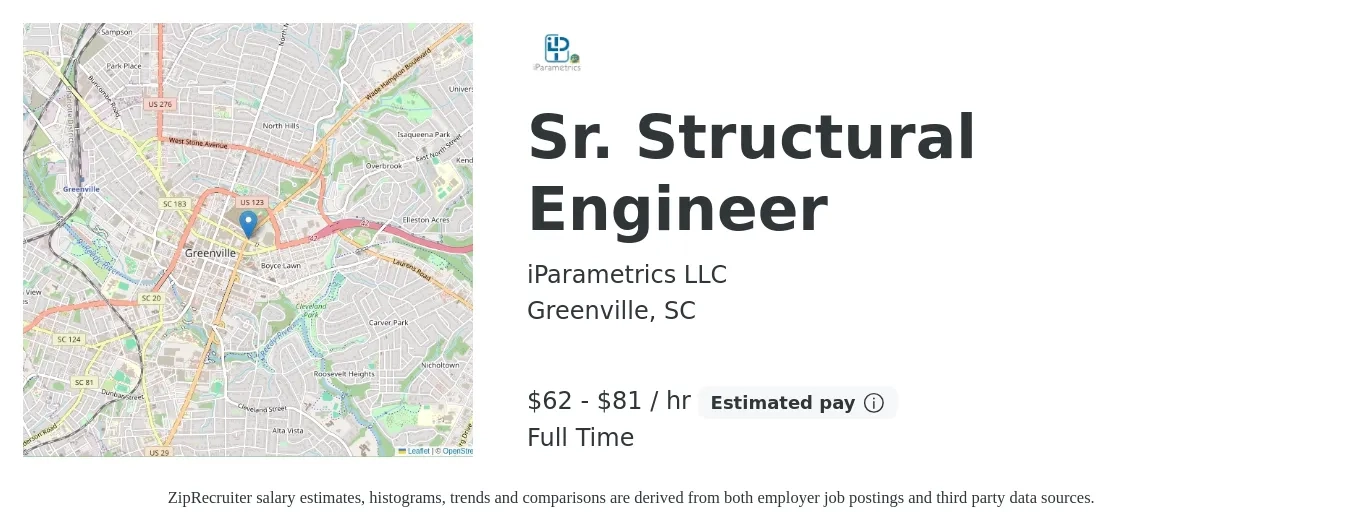 iParametrics LLC job posting for a Sr. Structural Engineer in Greenville, SC with a salary of $65 to $85 Hourly with a map of Greenville location.