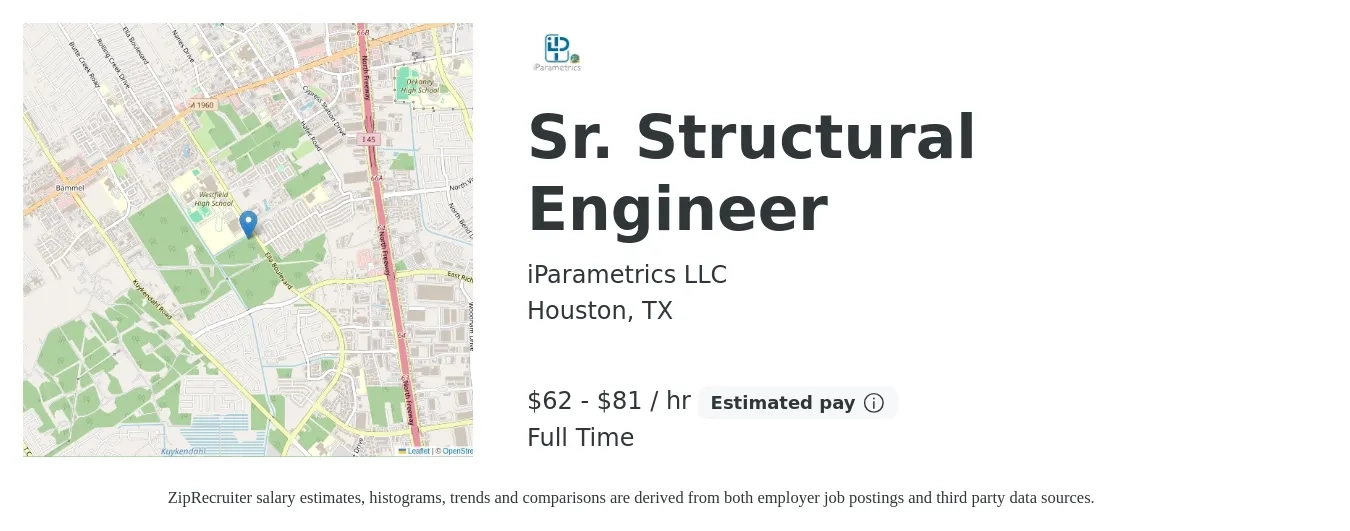 iParametrics LLC job posting for a Sr. Structural Engineer in Houston, TX with a salary of $65 to $85 Hourly with a map of Houston location.