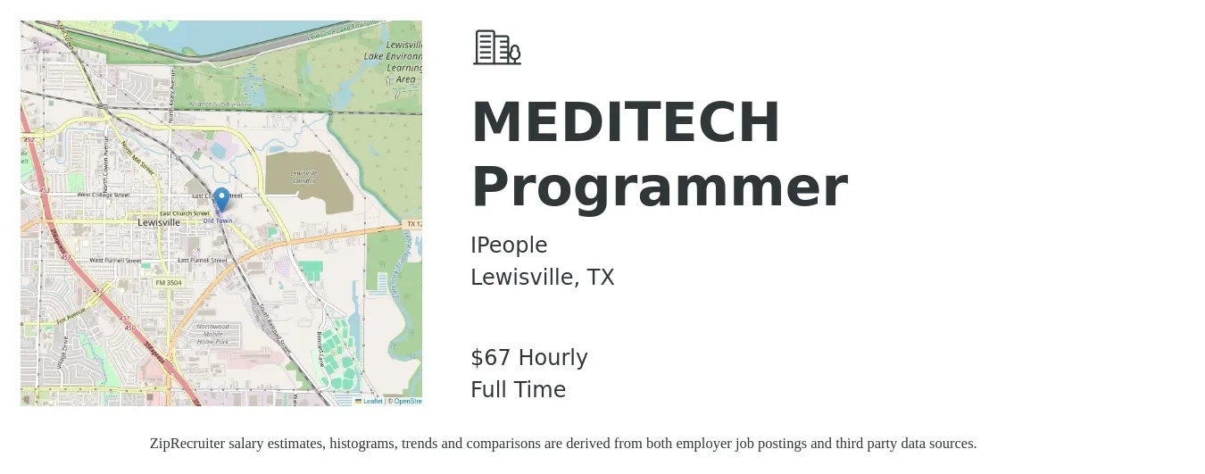 IPeople job posting for a MEDITECH Programmer in Lewisville, TX with a salary of $70 Hourly with a map of Lewisville location.