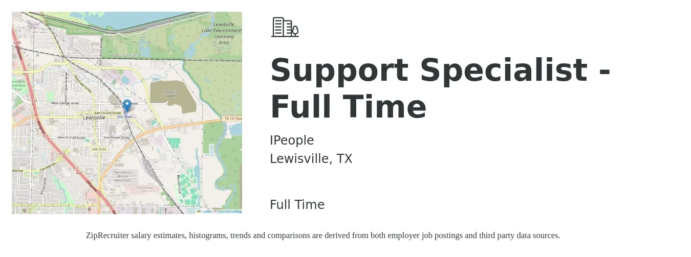 IPeople job posting for a Support Specialist - Full Time in Lewisville, TX with a salary of $17 to $27 Hourly with a map of Lewisville location.