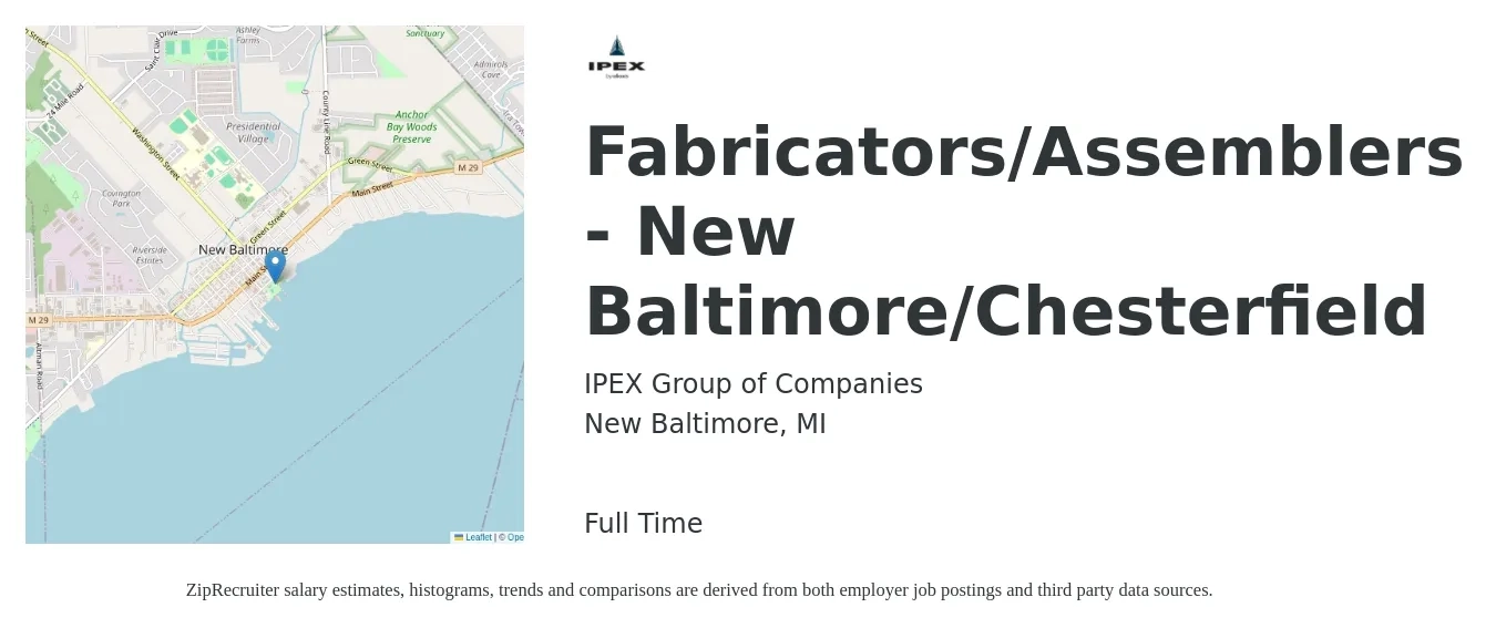 IPEX Group of Companies job posting for a Fabricators/Assemblers - New Baltimore/Chesterfield in New Baltimore, MI with a salary of $21 Hourly with a map of New Baltimore location.