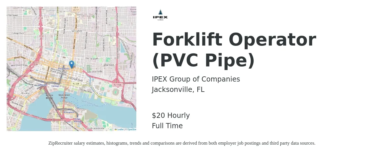 IPEX Group of Companies job posting for a Forklift Operator (PVC Pipe) in Jacksonville, FL with a salary of $21 Hourly with a map of Jacksonville location.