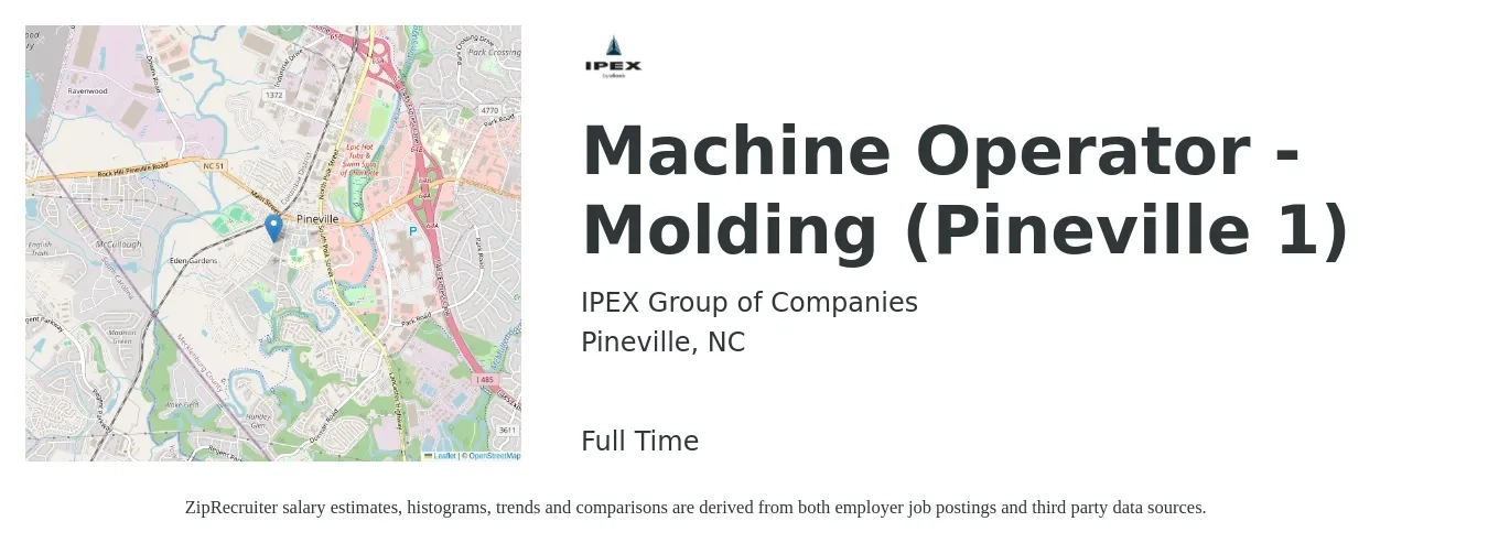 IPEX Group of Companies job posting for a Machine Operator - Molding (Pineville 1) in Pineville, NC with a salary of $16 to $18 Hourly with a map of Pineville location.