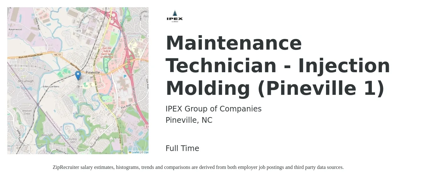 IPEX Group of Companies job posting for a Maintenance Technician - Injection Molding (Pineville 1) in Pineville, NC with a salary of $27 to $34 Hourly with a map of Pineville location.
