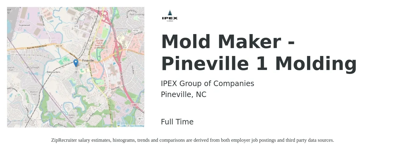 IPEX Group of Companies job posting for a Mold Maker - Pineville 1 Molding in Pineville, NC with a salary of $21 to $32 Hourly with a map of Pineville location.