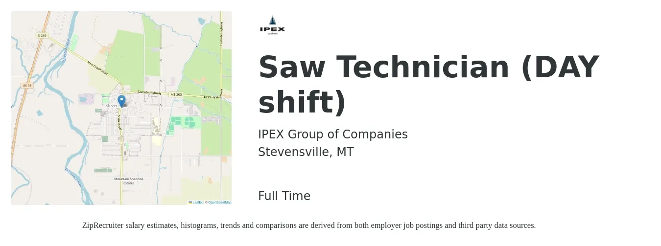 IPEX Group of Companies job posting for a Saw Technician (DAY shift) in Stevensville, MT with a salary of $20 Hourly with a map of Stevensville location.