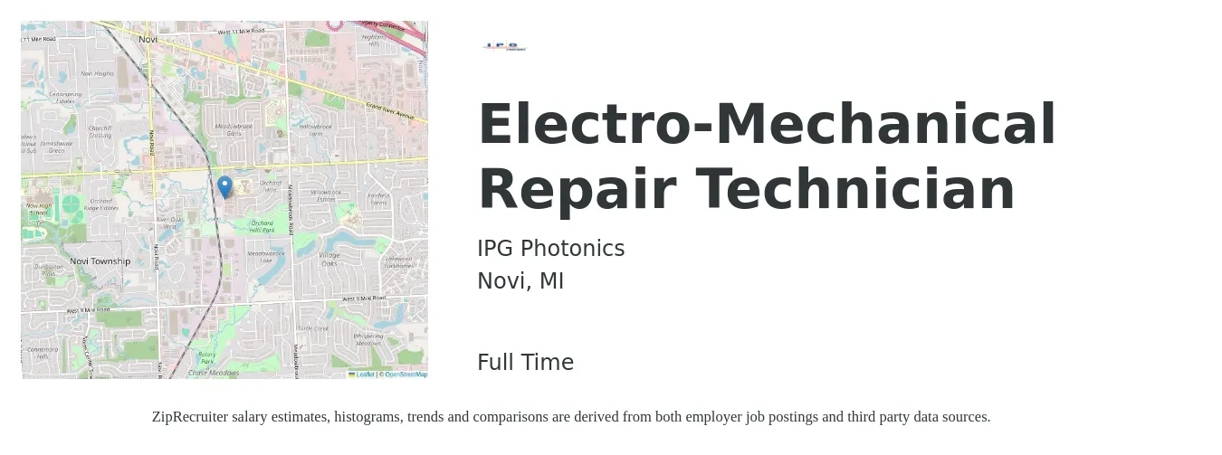 IPG Photonics job posting for a Electro-Mechanical Repair Technician in Novi, MI with a salary of $23 to $30 Hourly and benefits including retirement, vision, dental, life_insurance, and medical with a map of Novi location.