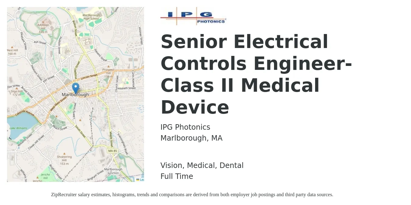 IPG Photonics job posting for a Senior Electrical Controls Engineer- Class II Medical Device in Marlborough, MA with a salary of $111,500 to $145,200 Yearly and benefits including retirement, vision, dental, life_insurance, and medical with a map of Marlborough location.
