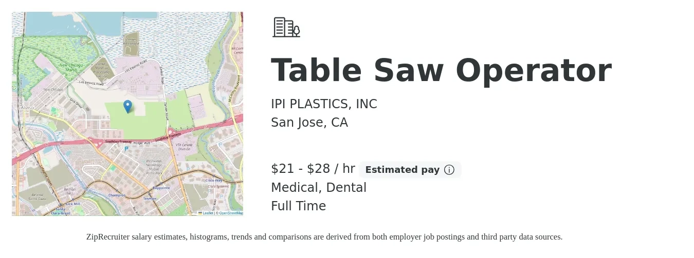 IPI PLASTICS, INC job posting for a Table Saw Operator in San Jose, CA with a salary of $22 to $30 Hourly and benefits including dental, medical, pto, and retirement with a map of San Jose location.