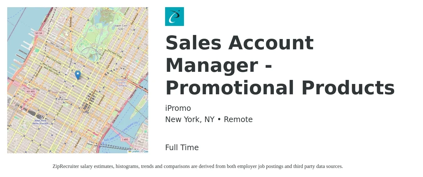 iPromo job posting for a Sales Account Manager - Promotional Products in New York, NY with a salary of $55,600 to $88,000 Yearly with a map of New York location.