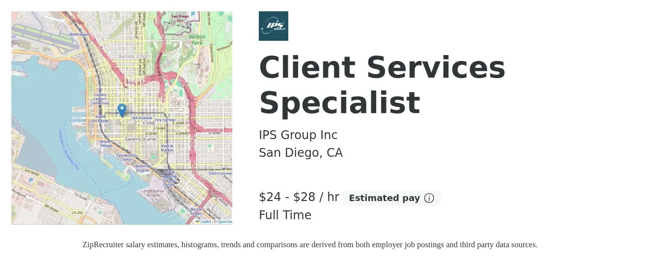 IPS Group Inc job posting for a Client Services Specialist in San Diego, CA with a salary of $25 to $30 Hourly with a map of San Diego location.