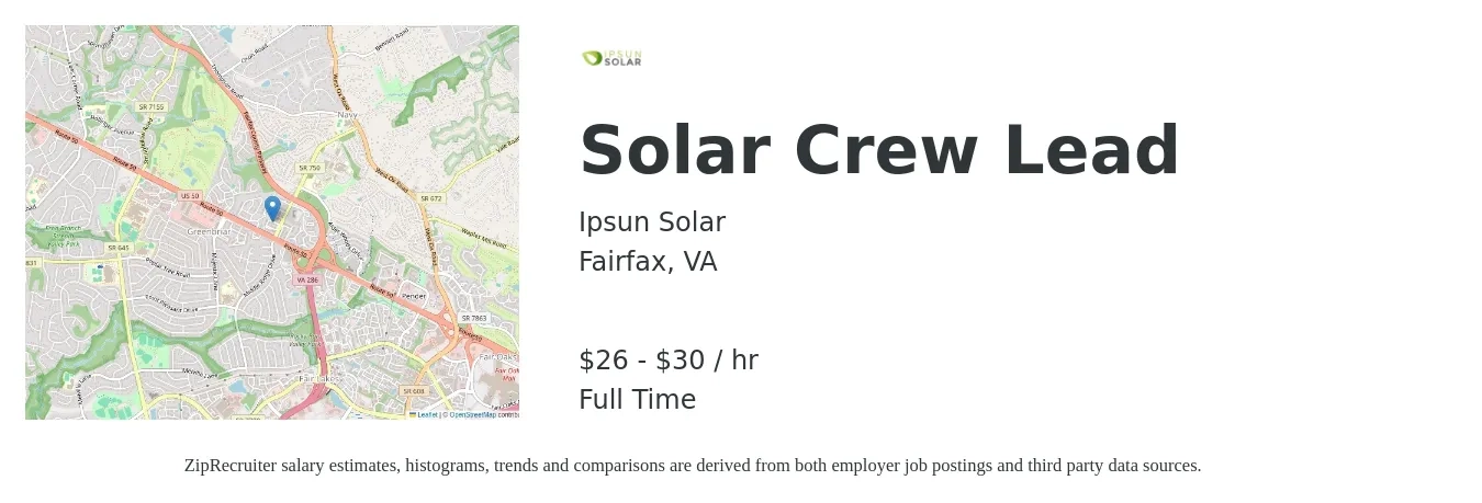 Ipsun Solar job posting for a Solar Crew Lead in Fairfax, VA with a salary of $28 to $32 Hourly with a map of Fairfax location.